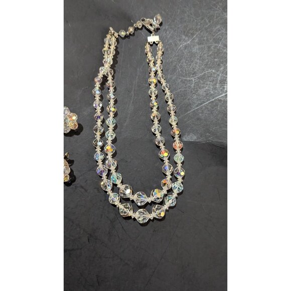 Vintage Aurora Borealis Crystal Necklace Clip-On Earring Set Double Strand Beads - Picture 3 of 7